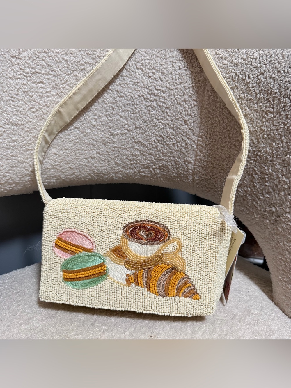 Handcrafted in India Coffee Pastry Macarons Beaded Shoulder Bag Cream NWT